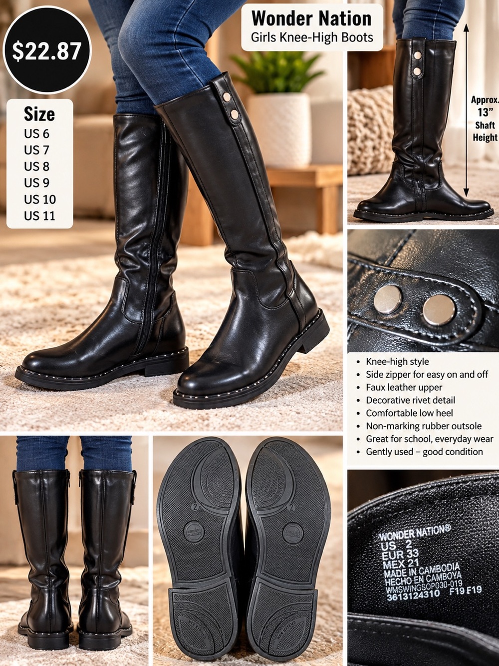 wonder nation Black Faux Leather Boots with Rivet Detail